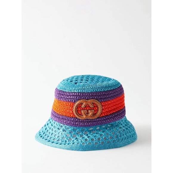 NWT GUCCI  Gg-Logo Striped Faux-Raffia Hat $750 SZ S Bucket Purple Blue Red - Picture 3 of 10